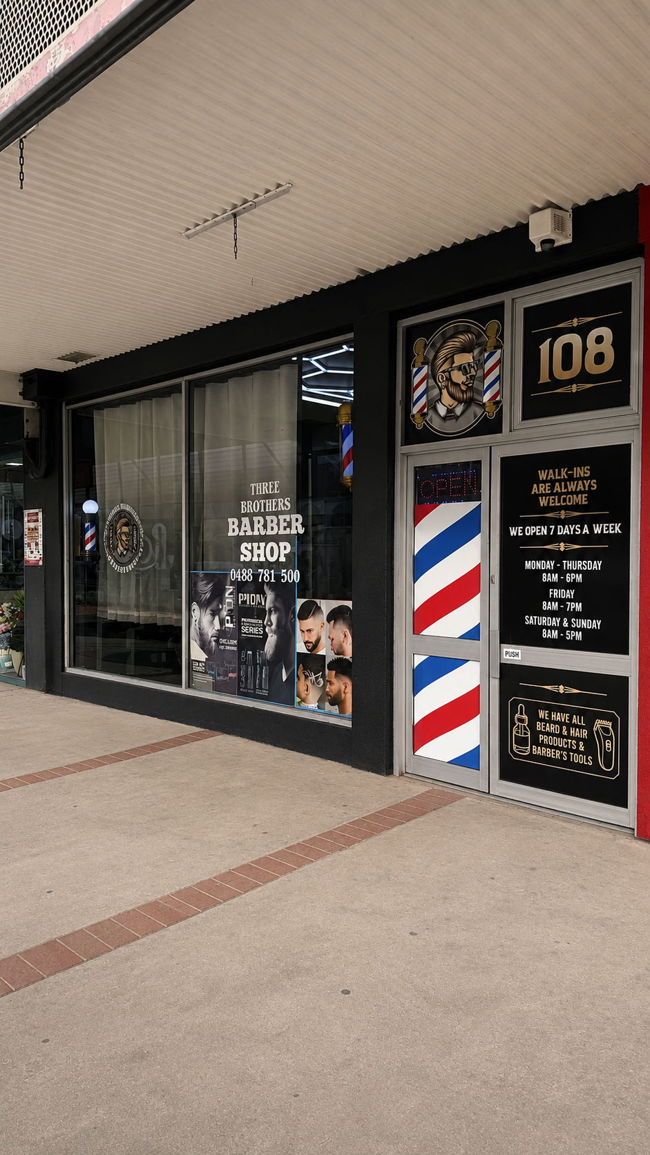 Shopfront of Three Brothers Barbershop at 108 in Mildura